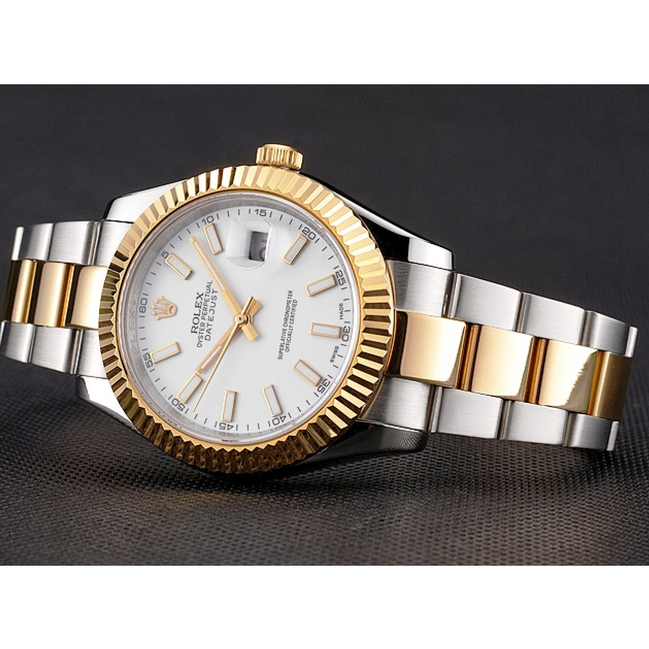Aaa fake watches Two Swiss Datejust Tone Steel Case Gold Rolex Dial White Stainless Bracelet 0711